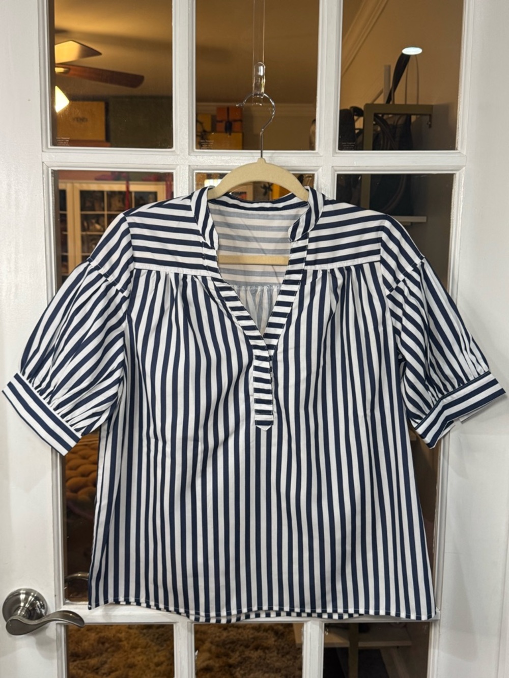 Anthropologie Darcey Navy and White Striped V‑Neck Popover Blouse - Picture 2 of 7